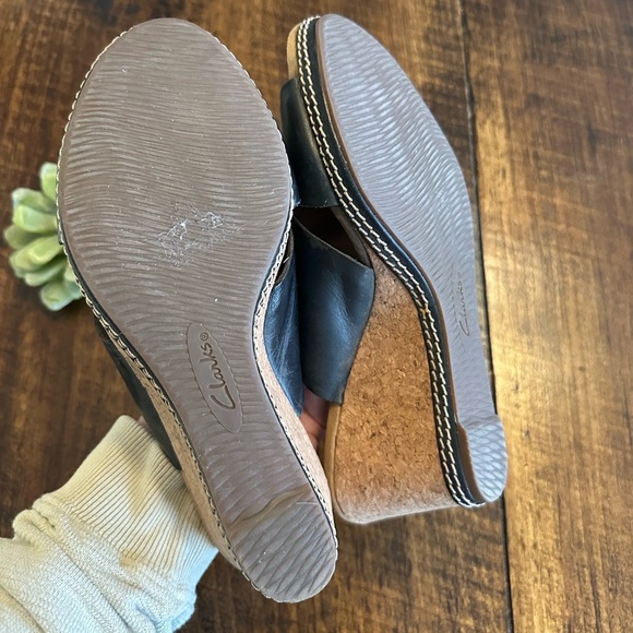 Clarks | “Lafley Mio” Black Leather Cork Wedge Heel Sandals - Picture 5 of 7